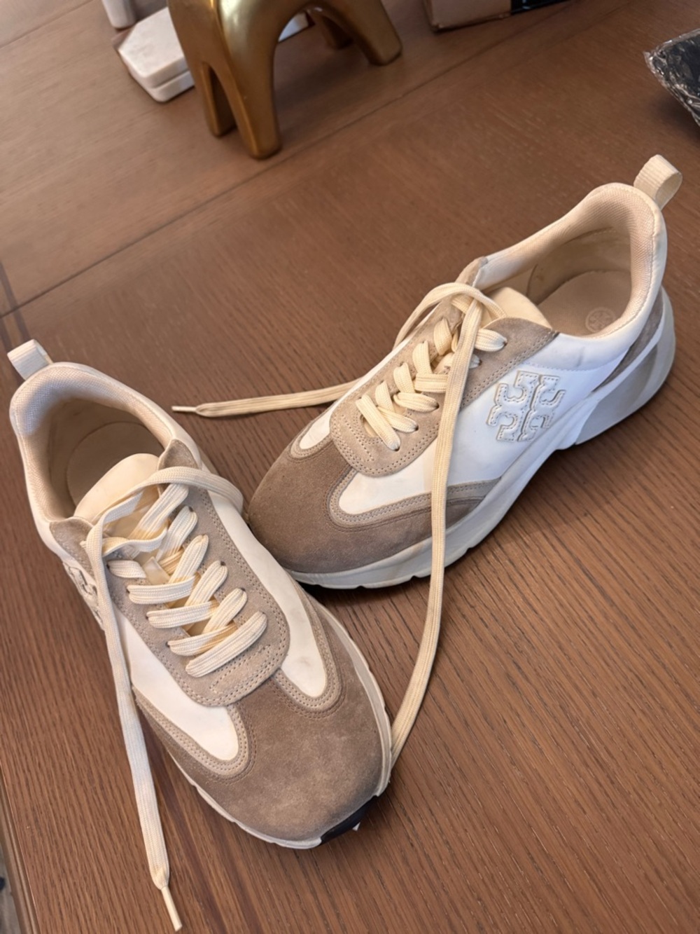 Tory Burch Beige and Cream Suede Leather Runner Sneakers
